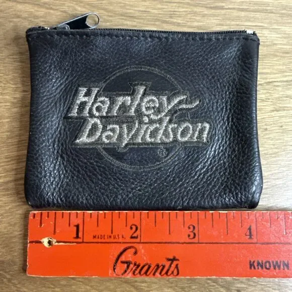 Harley Davidson Genuine Leather Black Small Coin Pouch Zip Embroidered Biker - Picture 7 of 8